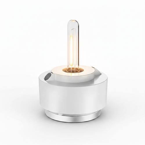 HOPEN Salt Water Lamp with exposed Edison-style filament bulb, white cylindrical base with chrome accents, glowing warm amber light, isolated on white background. 