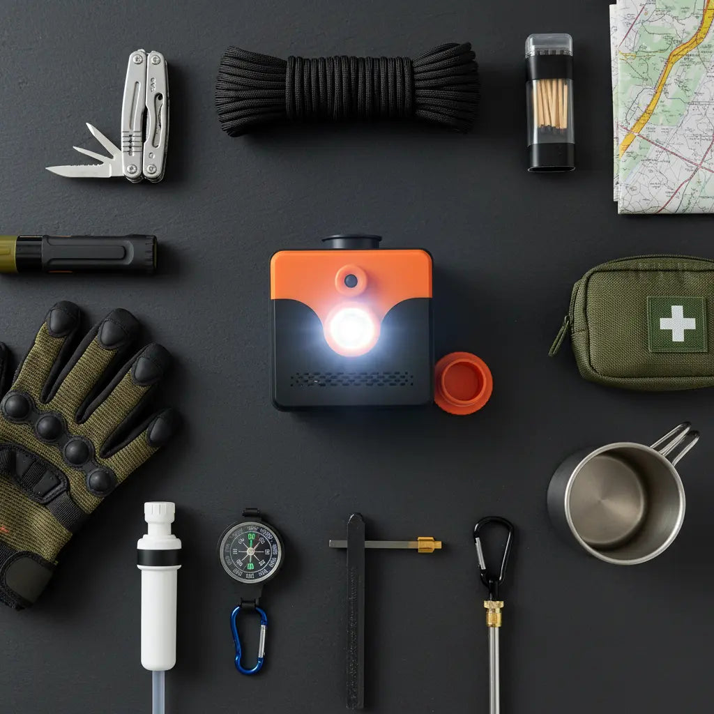 Hopen saltwater LED lantern flat lay – compact square design for survival kit and hurricane preparedness