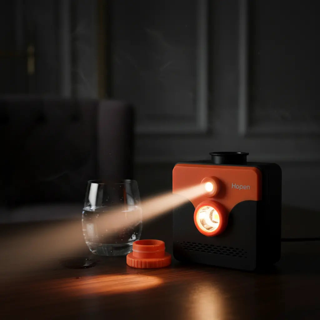 Hopen saltwater lamp glowing in the dark – activated by salt and water, no battery or charging needed