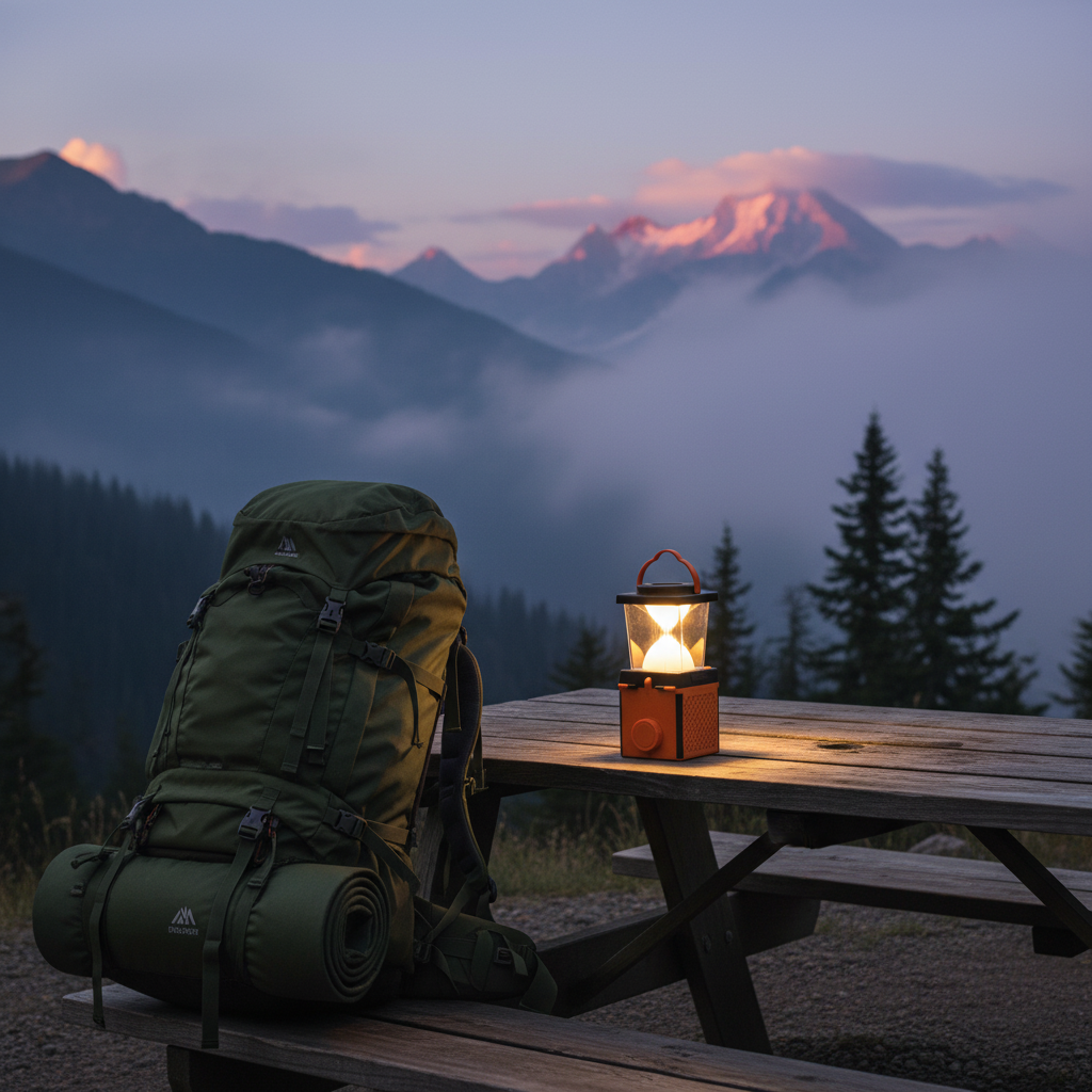 HOPEN orange camping lantern with LED light on a wooden table during a mountain hiking trip at dusk, misty peaks and backpack in background