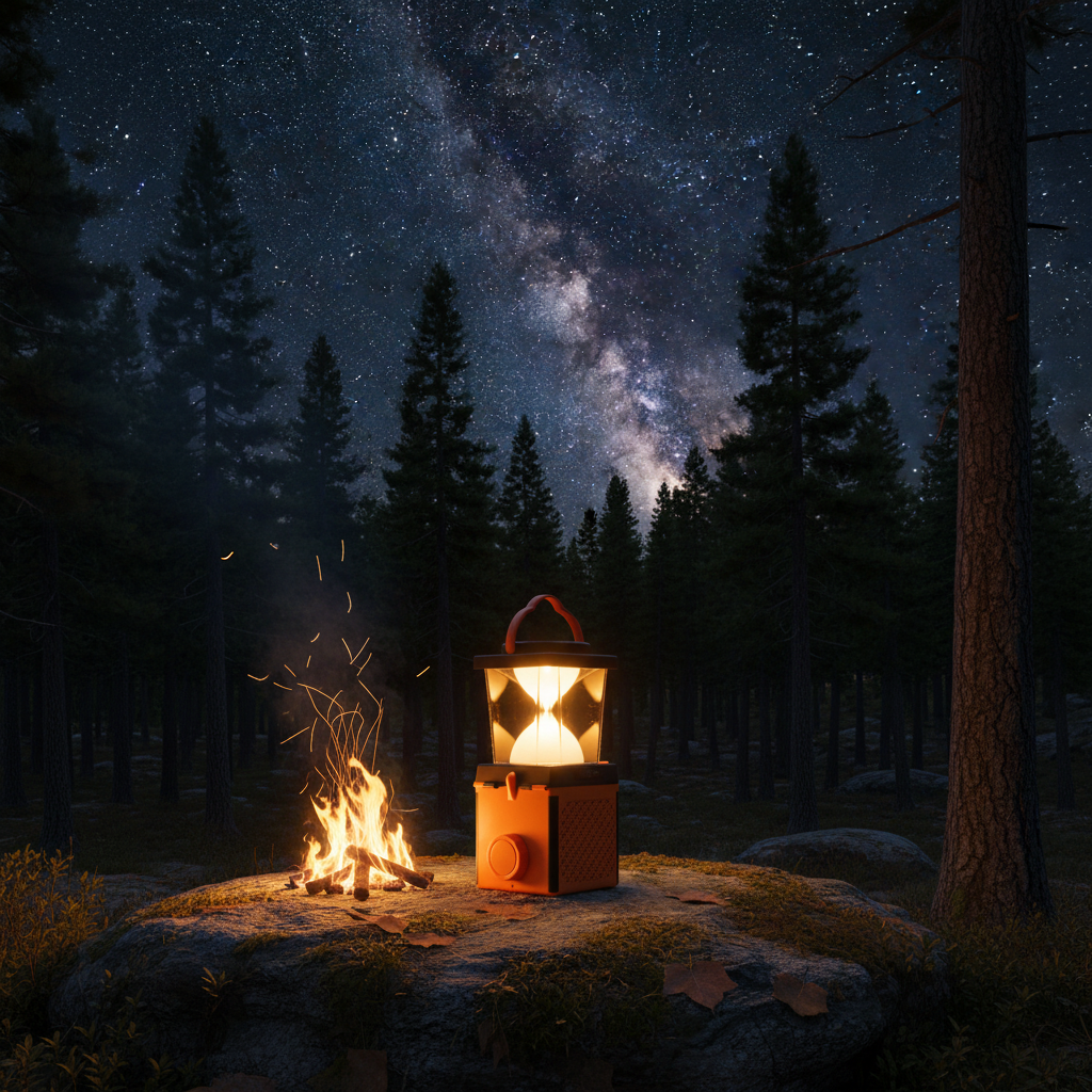 HOPEN orange and black camping lantern with bright LED light placed on a rock beside a campfire in a forest, starry night sky in background